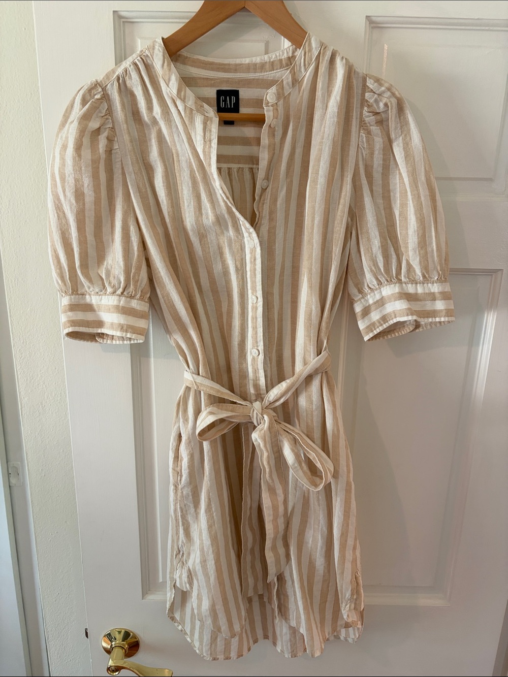 GAP Beige and White Striped Mini Shirt Dress w/ Pockets